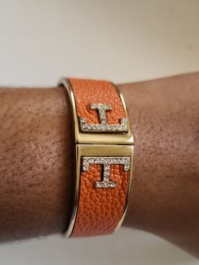 Orange Leather Crystal Hinged Cuff Bracelet Gold Tone